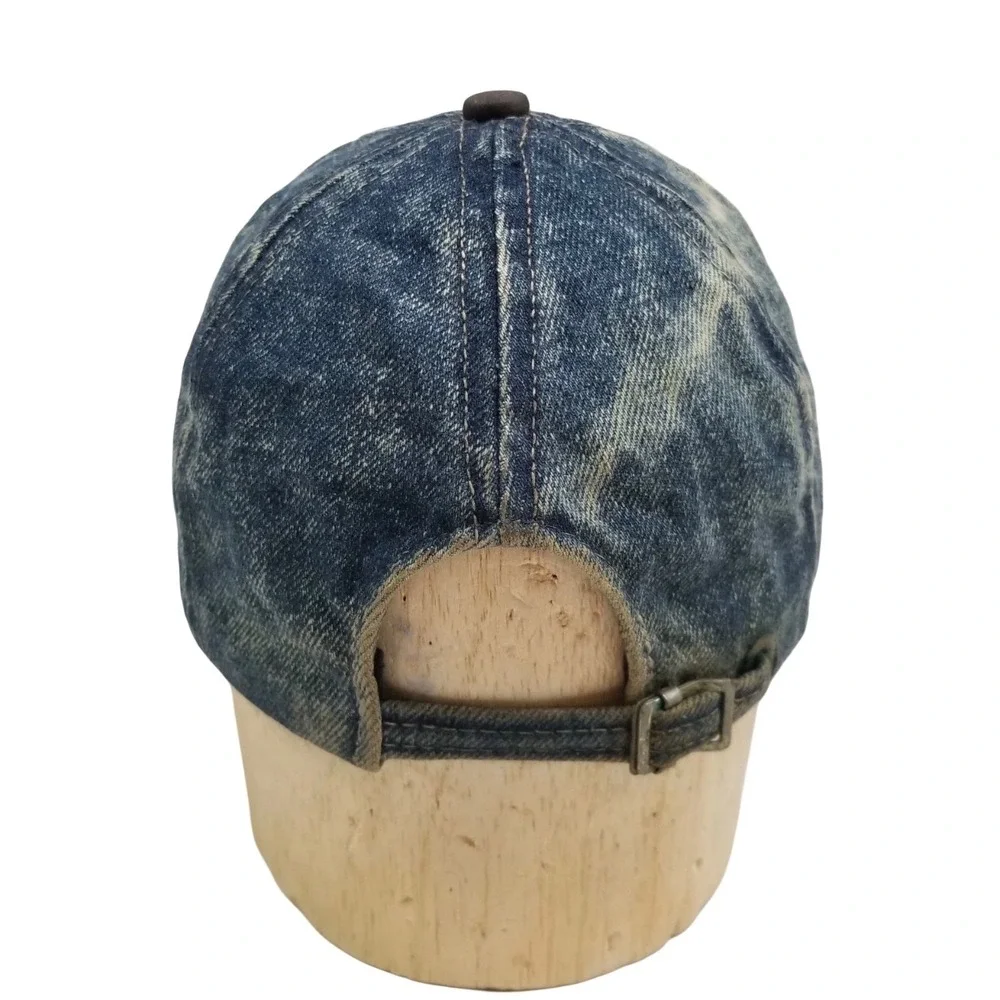 Adventure Bound Acid Wash Denim Cap Leather Bib Baseball Distressed Streetwear